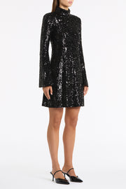 BLACK CASCADE SEQUIN FLUTED MINI DRESS