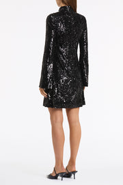 BLACK CASCADE SEQUIN FLUTED MINI DRESS