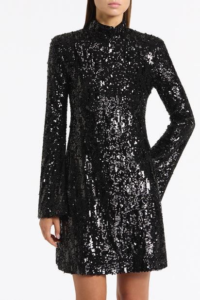 BLACK CASCADE SEQUIN FLUTED MINI DRESS