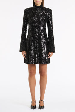 BLACK CASCADE SEQUIN FLUTED MINI DRESS