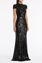 BLACK CASCADE SEQUIN RAGLAN SLEEVE GOWN