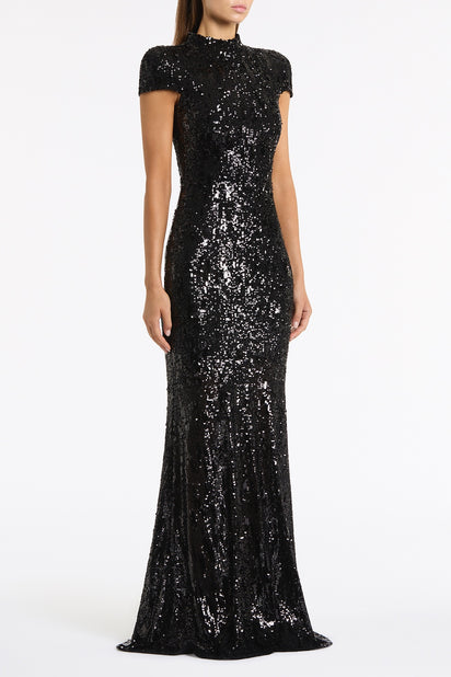 BLACK CASCADE SEQUIN RAGLAN SLEEVE GOWN