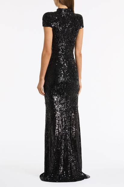 BLACK CASCADE SEQUIN RAGLAN SLEEVE GOWN
