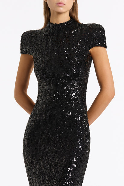 BLACK CASCADE SEQUIN RAGLAN SLEEVE GOWN