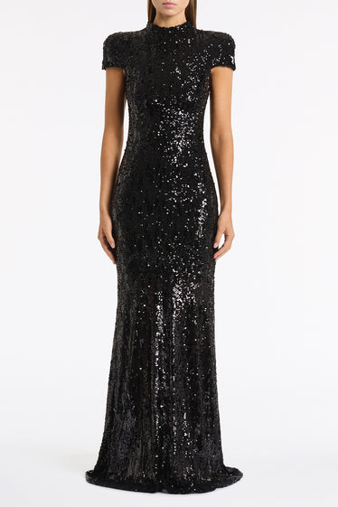 BLACK CASCADE SEQUIN RAGLAN SLEEVE GOWN