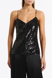 BLACK CASCADE SEQUIN THIN STRAP TOP