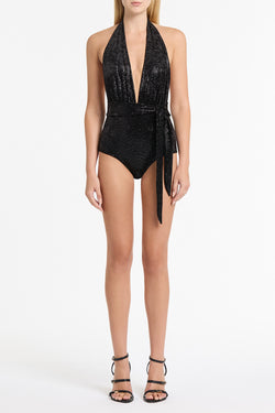 BLACK CAVIAR VELVET DEEP V BODYSUIT