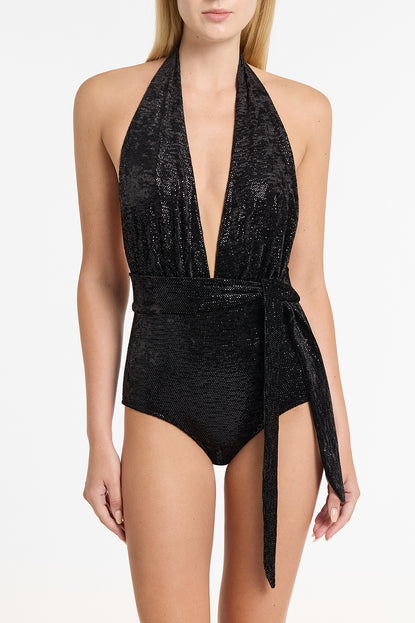 BLACK CAVIAR VELVET DEEP V BODYSUIT