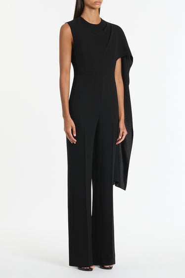 BLACK CREPE CASCADE JUMPSUIT