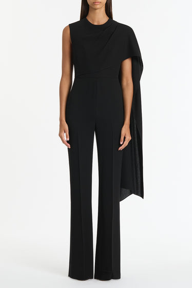 BLACK CREPE CASCADE JUMPSUIT