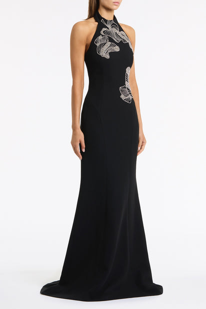 BLACK CREPE EMBELLISHED HALTER GOWN