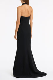 BLACK CREPE EMBELLISHED HALTER GOWN