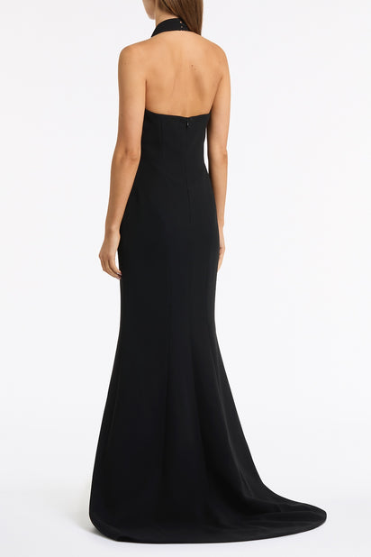 BLACK CREPE EMBELLISHED HALTER GOWN