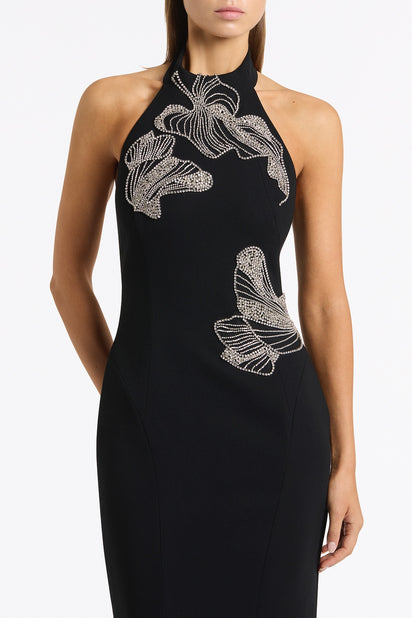 BLACK CREPE EMBELLISHED HALTER GOWN