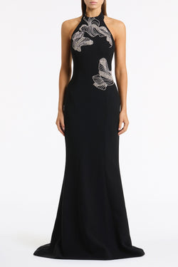BLACK CREPE EMBELLISHED HALTER GOWN