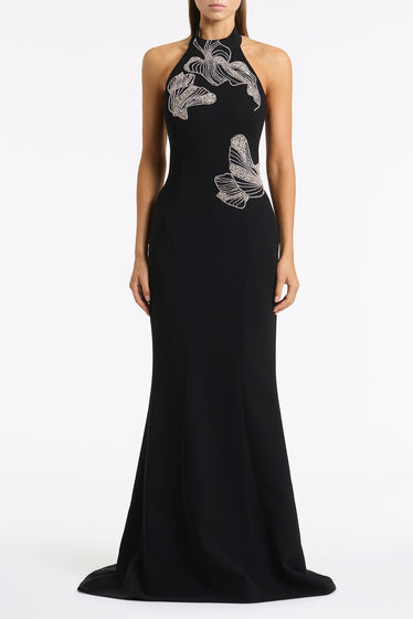 BLACK CREPE EMBELLISHED HALTER GOWN