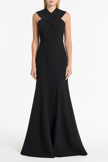 BLACK CREPE FASCIA CROSS GOWN
