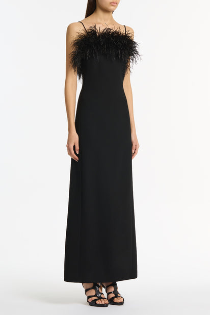 BLACK CREPE FEATHER MAXI DRESS