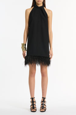 BLACK CREPE FEATHER MINI DRESS
