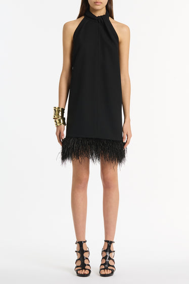 BLACK CREPE FEATHER MINI DRESS
