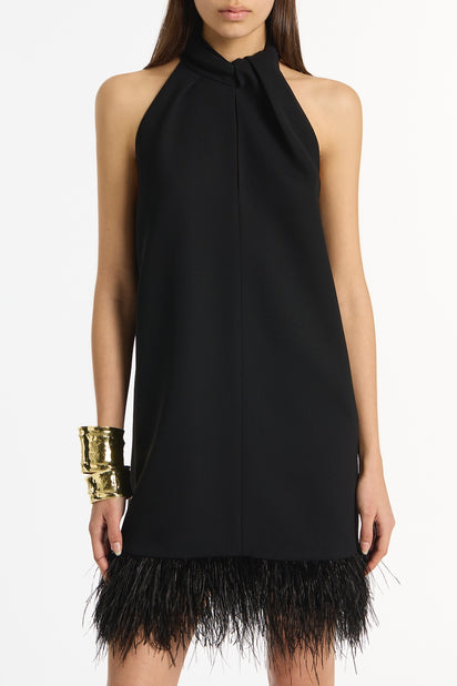BLACK CREPE FEATHER MINI DRESS