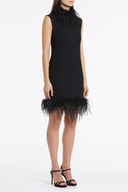 BLACK CREPE FEATHER SHIFT DRESS