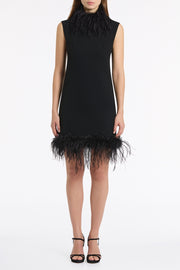BLACK CREPE FEATHER SHIFT DRESS