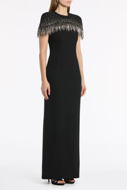 BLACK CREPE FRINGE CAPE GOWN