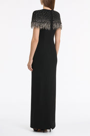 BLACK CREPE FRINGE CAPE GOWN