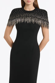 BLACK CREPE FRINGE CAPE GOWN