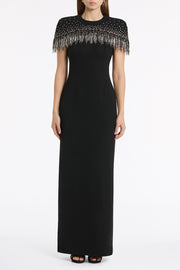 BLACK CREPE FRINGE CAPE GOWN