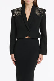 BLACK CREPE FRINGE CROPPED JACKET
