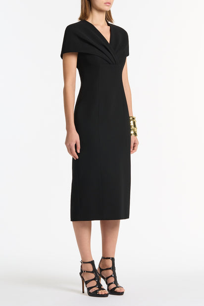 BLACK CREPE FRONT TUCK MIDI DRESS