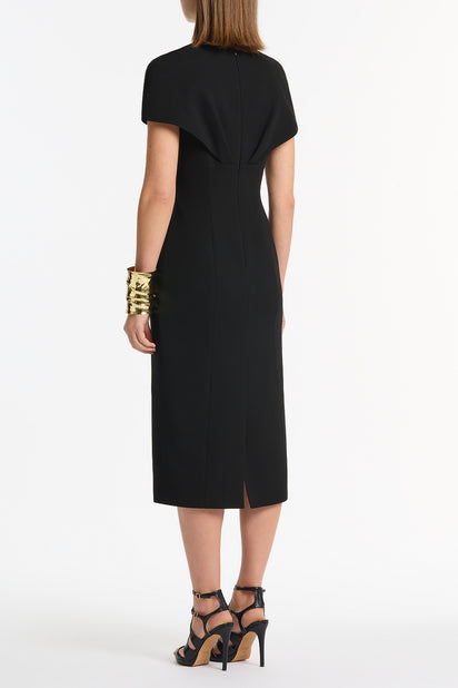 BLACK CREPE FRONT TUCK MIDI DRESS