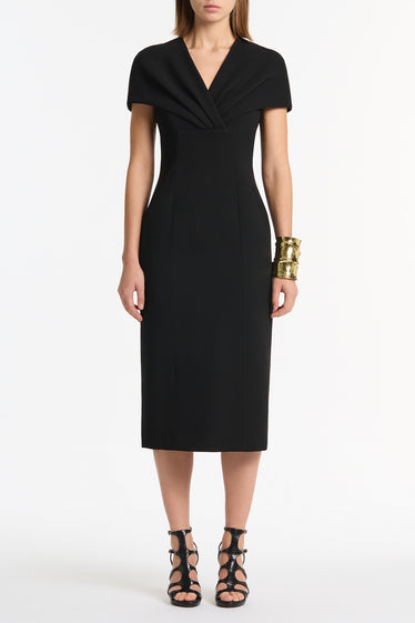 BLACK CREPE FRONT TUCK MIDI DRESS