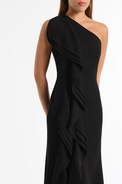 BLACK CREPE ONE SHOULDER PETAL GOWN