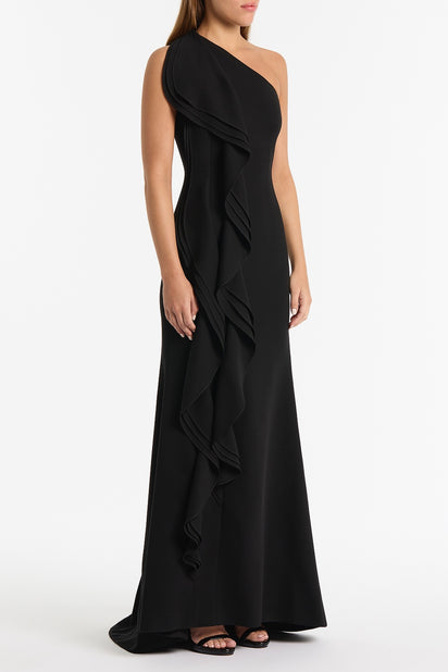 BLACK CREPE ONE SHOULDER PETAL GOWN