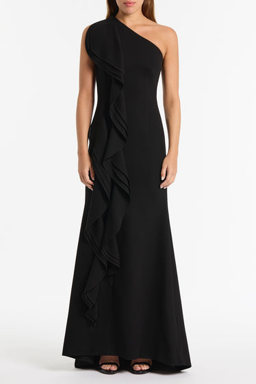 BLACK CREPE ONE SHOULDER PETAL GOWN