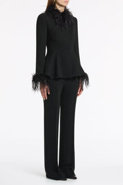 BLACK CREPE PEPLUM FEATHER JACKET