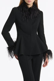 BLACK CREPE PEPLUM FEATHER JACKET
