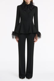 BLACK CREPE PEPLUM FEATHER JACKET