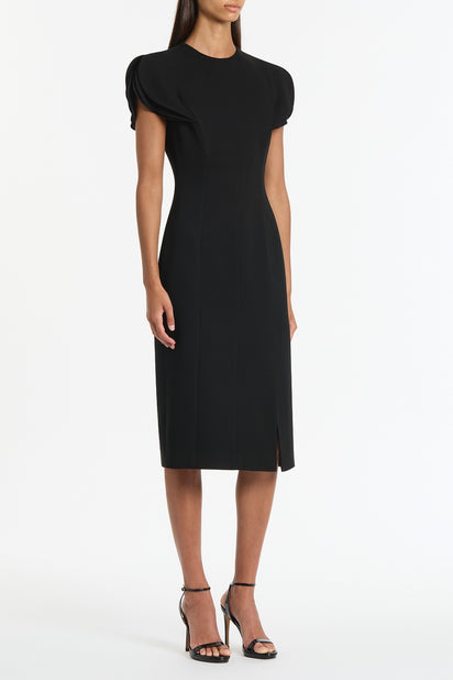 BLACK CREPE PETAL SLEEVE FITTED DRESS