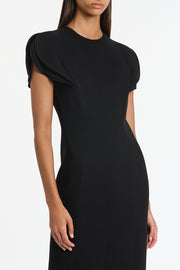 BLACK CREPE PETAL SLEEVE FITTED DRESS