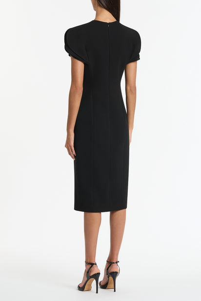 BLACK CREPE PETAL SLEEVE FITTED DRESS