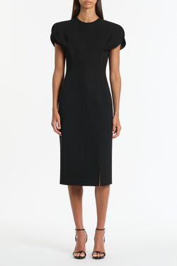 BLACK CREPE PETAL SLEEVE FITTED DRESS