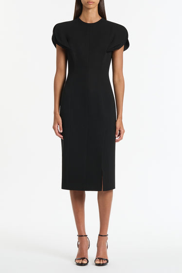 BLACK CREPE PETAL SLEEVE FITTED DRESS