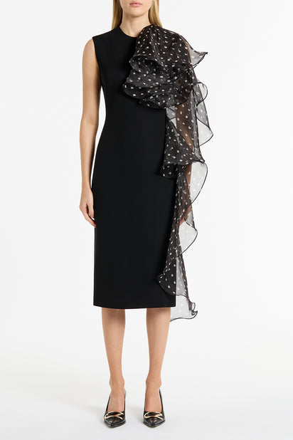 BLACK CREPE ALTURA RUFFLE SHOULDER DRESS