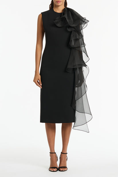 BLACK CREPE RUFFLE SHOULDER DRESS