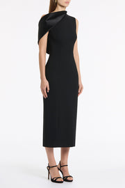 BLACK CREPE SCULPTED ONE SHOULDER MIDI DRESS