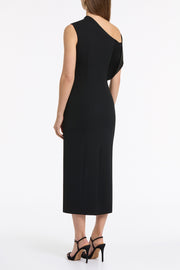 BLACK CREPE SCULPTED ONE SHOULDER MIDI DRESS